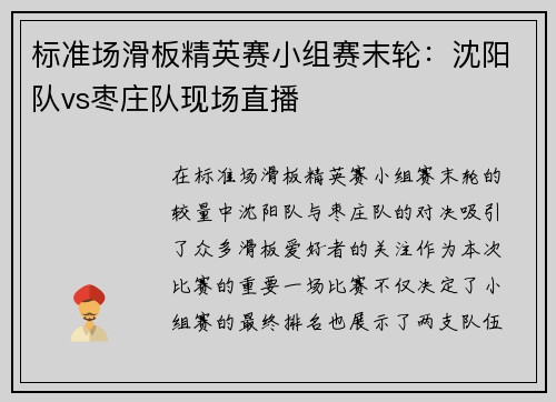 标准场滑板精英赛小组赛末轮：沈阳队vs枣庄队现场直播